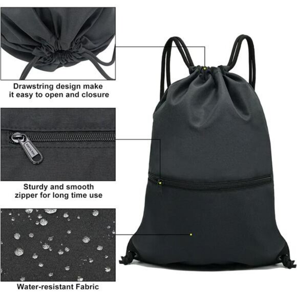 HOLYLUCK Drawstring Backpack Gym Bag with Zipper Pocket for Sports Travel - Picture 4 of 7